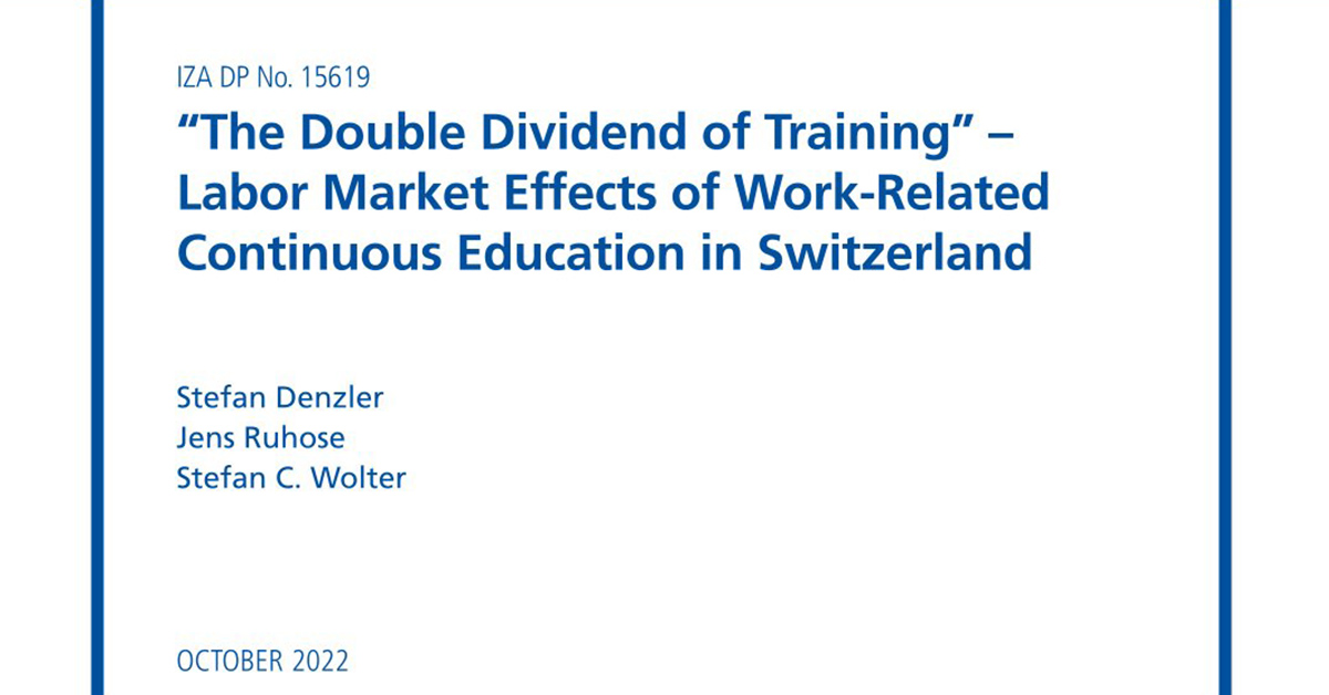Titelbild der Publikation "The Double Dividend of Training", wobei die drei Autoren auf die Rendite der Weiterbildung verweisen, welche unterschiedlich ausfallen kann.