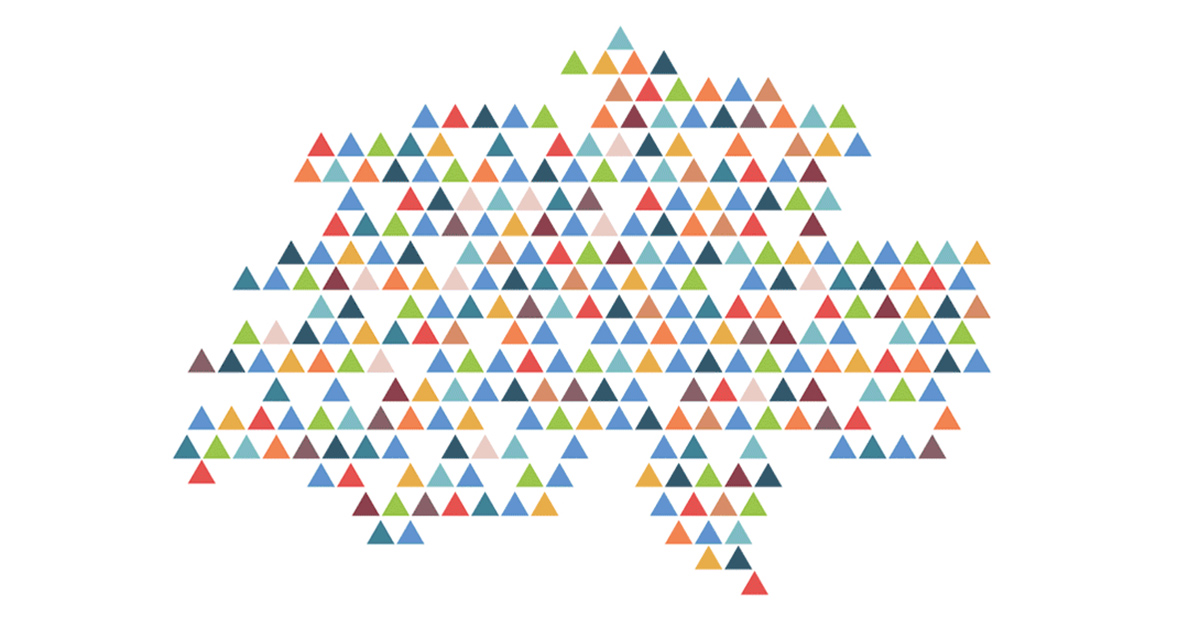 Verschieden farbige Dreiecke ergeben die Form der heutigen Schweiz, was die vielfältige Menge an Ausländerinnen und Ausländer in der Schweiz aufzeigen soll, die weiterhin von den vom Bund mitfinanzierten kantonalen Integrationsprogramme profitieren können.