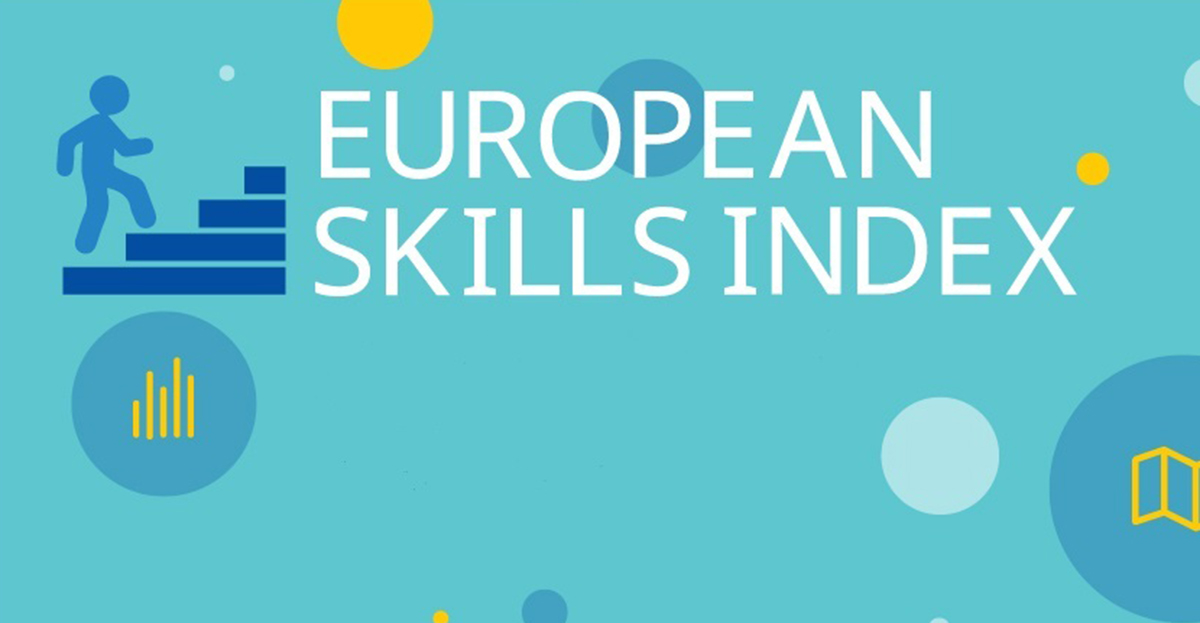 Weisser Schriftzug des "European Skills Index" des vom CEDEFOP herausgegebenen Europäischen Qualifikationsindex auf türkisem Hintergrund, wobei links am Bildrand ein Strichmännchen zu sehen ist, welches eine vierstufige Treppe hinaufsteigt.