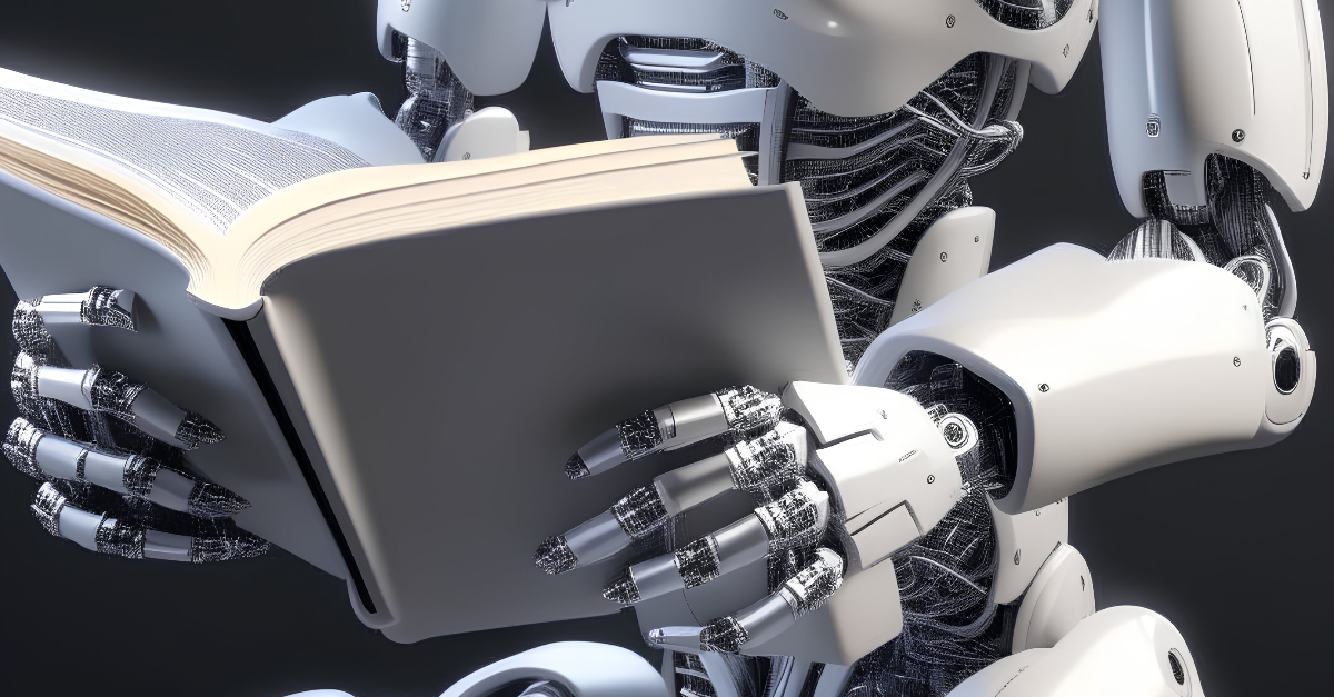 Ein von KI generiertes Bild, in dem ein Roboter ein Buch lies
